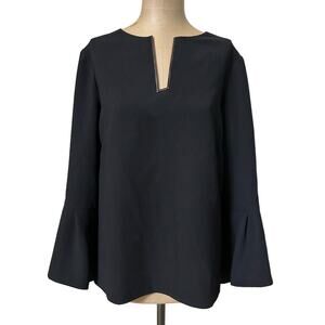 Lela Rose Blouse Black Long Bell Sleeve Structured V Neckline Top